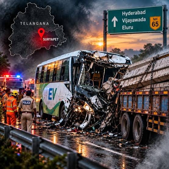 Six killed, 12 injured as private EV bus rams truck in Telangana
