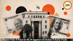 Rupee falls 4 paise to 95.74 against US dollar in early trade